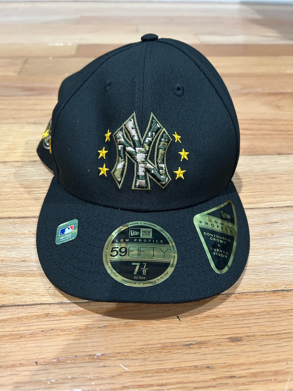 New Era Black Fitted Cap with Gold Embroidered NY Logo Military